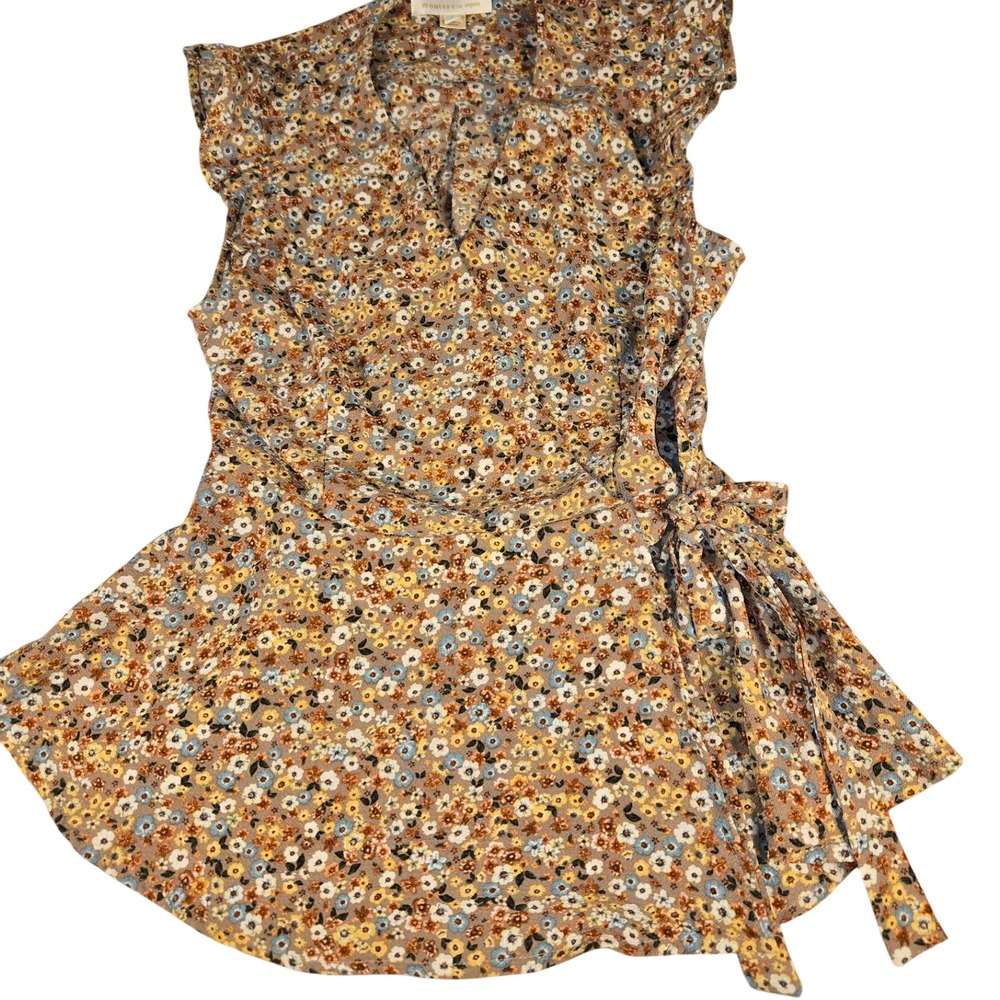 Monteau Los Angeles Women XL Floral Wrap Top Sleeveless Ruffle Blouse Brown Blue